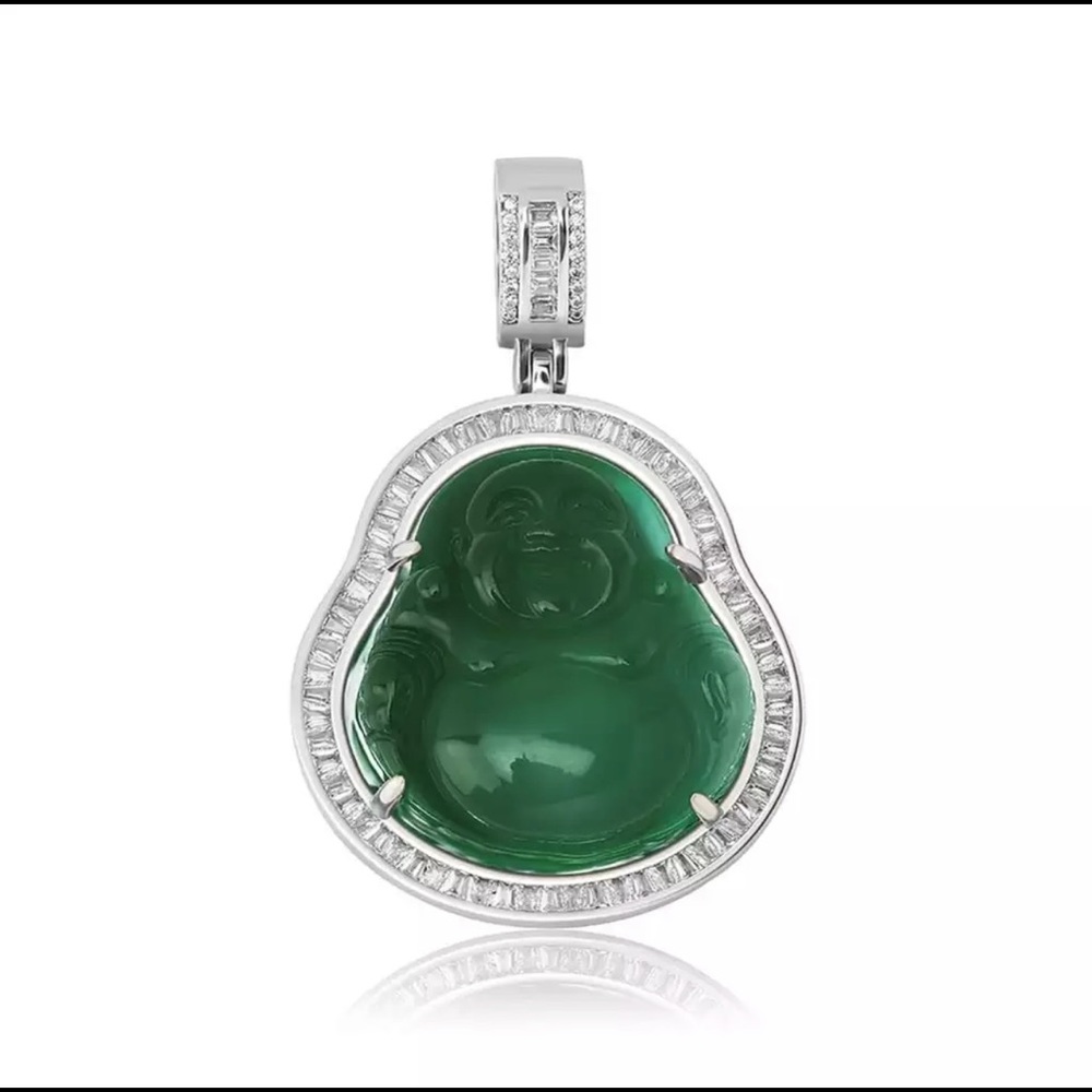 White Gold Jade Green Buddha Pendant w| Rope Chain